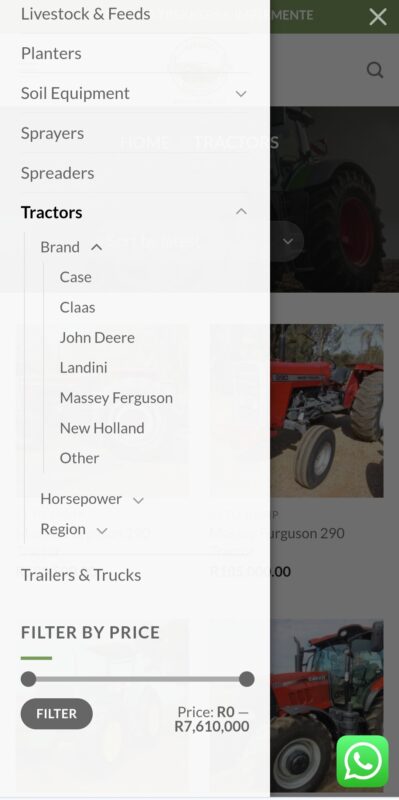 Here is an example of what Filter By Brand selection looks like on mobile devices. All the popular brands like John Deere, Landini and Massey Ferguson are all available.